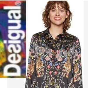 Desigual Black Floral Fringe Folk Tiger Button Blouse Top size XL